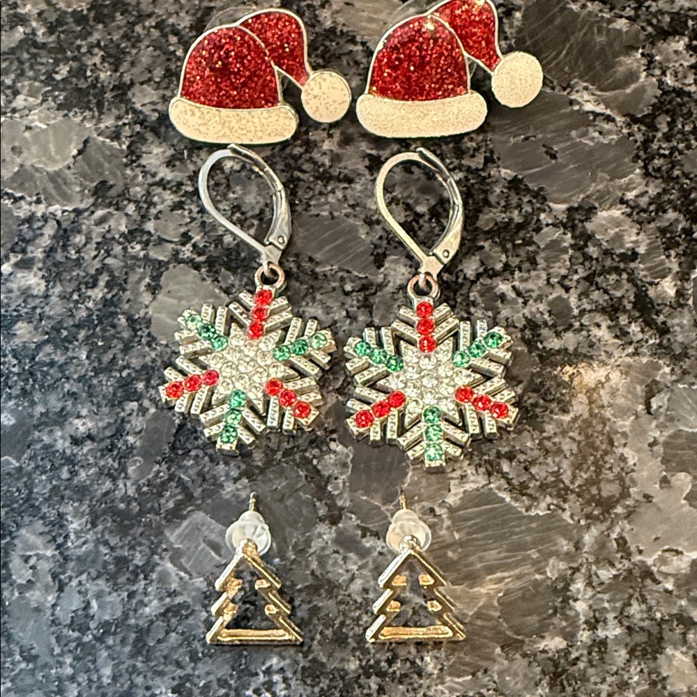 Holiday Earrings Set of 3with Santa Hats Christmas Trees and Snowflakes